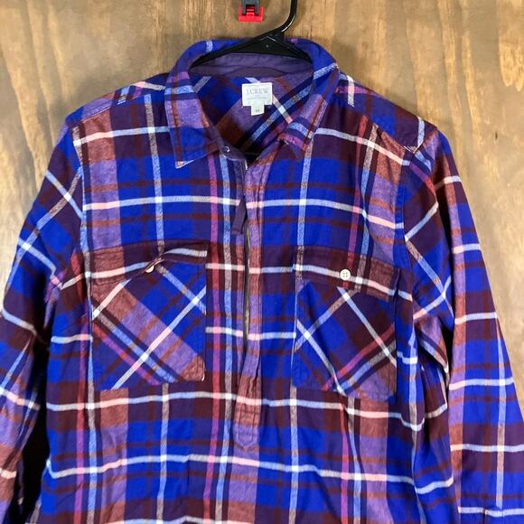 J Crew Womens Shirt Blue Multicolor Plaid Collared 1/2 Zip Long Sleeve Medium - Picture 2 of 12